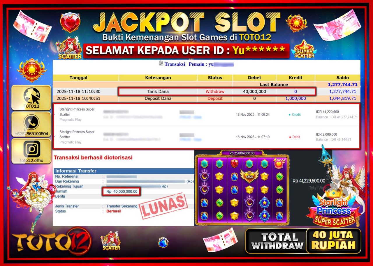 HANYA DI TOTO12 JP PASTI DI BAYAR LUNAS DAN CEPAT!!!!!! JACKPOT SLOT GAME (STARLIGHT PRINCESS SUPER SCATTER) Rp.40.000.000 !!!!