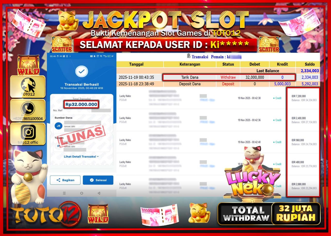 HANYA DI TOTO12 JP PASTI DI BAYAR LUNAS DAN CEPAT!!!!!! JACKPOT SLOT GAME (LUCKY NEKO) Rp.32.000.000 !!!!
