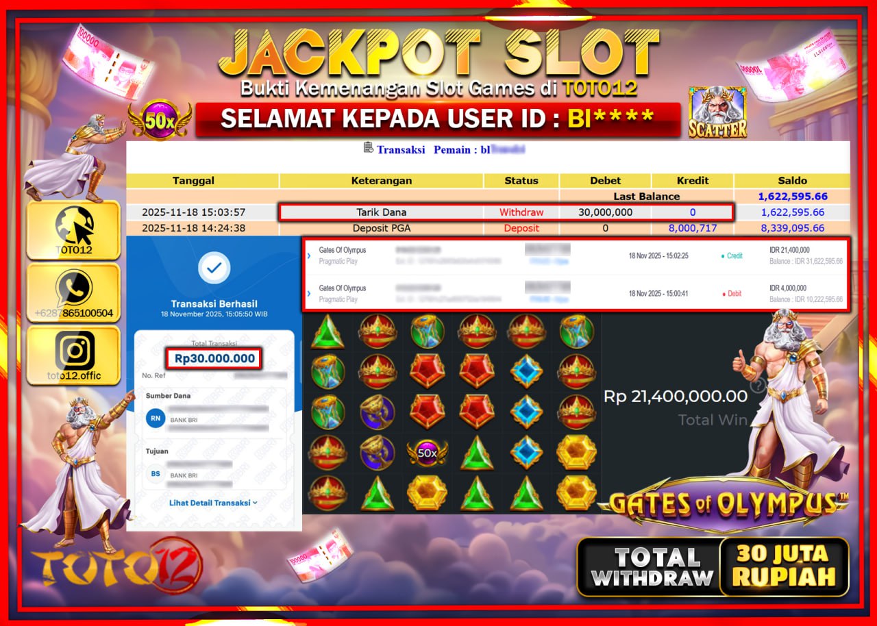 HANYA DI TOTO12 JP PASTI DI BAYAR LUNAS DAN CEPAT!!!!!! JACKPOT SLOT GAME (GATES OF OLYMPUS) Rp.30.000.000 !!!!