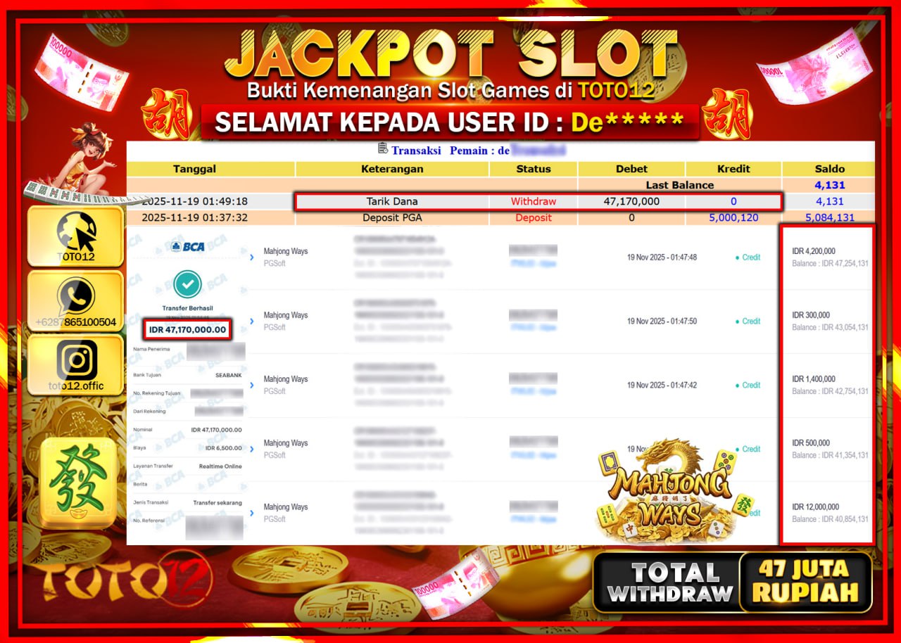 HANYA DI TOTO12 JP PASTI DI BAYAR LUNAS DAN CEPAT!!!!!! JACKPOT SLOT GAME (MAHJONG WAYS) Rp.47.170.000 !!!!