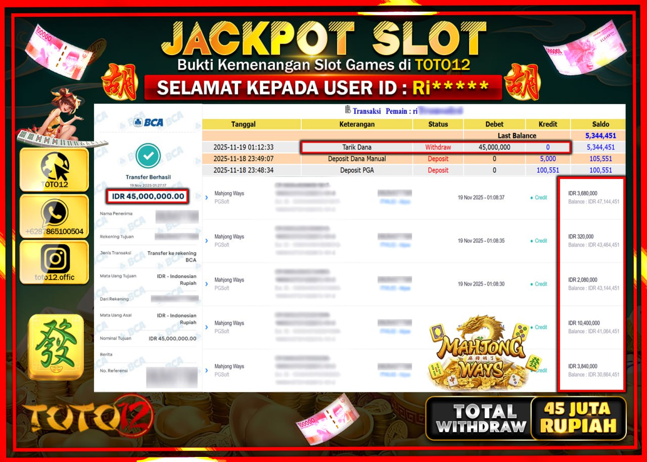 HANYA DI TOTO12 JP PASTI DI BAYAR LUNAS DAN CEPAT!!!!!! JACKPOT SLOT GAME (MAHJONG WAYS) Rp.45.000.000 !!!!