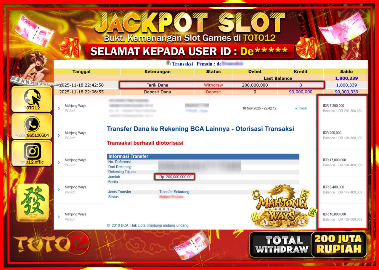 HANYA DI TOTO12 JP PASTI DI BAYAR LUNAS DAN CEPAT!!!!!! JACKPOT SLOT GAME (MAHJONG WAYS) Rp.200.000.000 !!!!