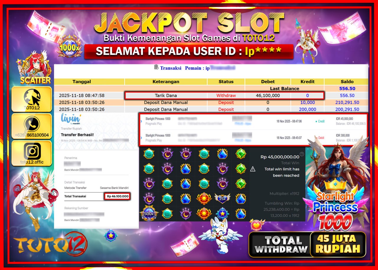 HANYA DI TOTO12 JP PASTI DI BAYAR LUNAS DAN CEPAT!!!!!! JACKPOT SLOT GAME (STARLIGHT PRINCESS 1000) Rp.46.100.000 !!!!