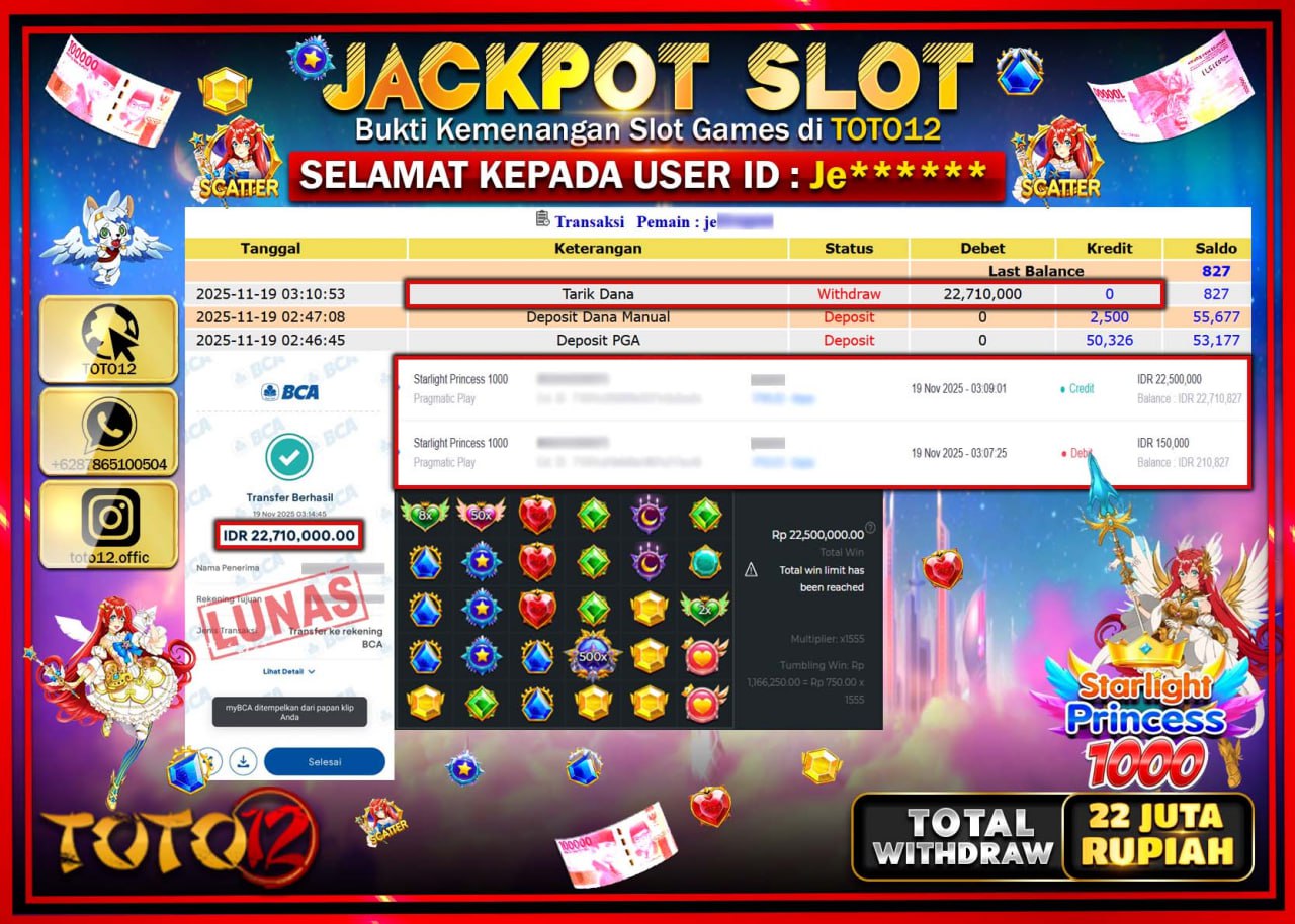 HANYA DI TOTO12 JP PASTI DI BAYAR LUNAS DAN CEPAT!!!!!! JACKPOT SLOT GAME (STARLIGHT PRINCESS 1000) Rp.22.710.000 !!!!