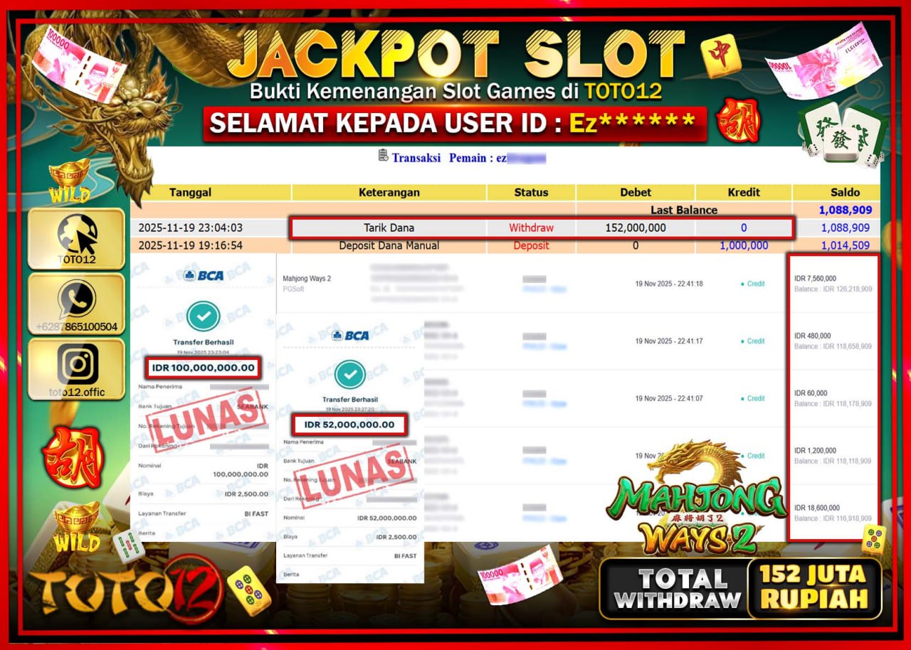 HANYA DI TOTO12 JP PASTI DI BAYAR LUNAS DAN CEPAT!!!!!! JACKPOT SLOT GAME (MAHJONG WAYS 2) Rp.152.000.000 !!!!