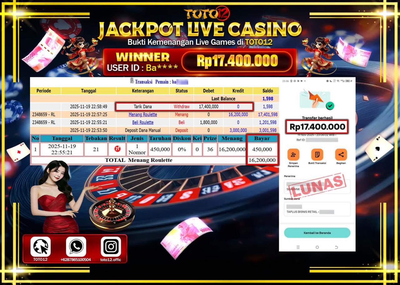HANYA DI TOTO12 JP PASTI DI BAYAR LUNAS DAN CEPAT!!!!!! JACKPOT LIVE CASINO (ROULETTE) Rp.17.400.000 !!!!
