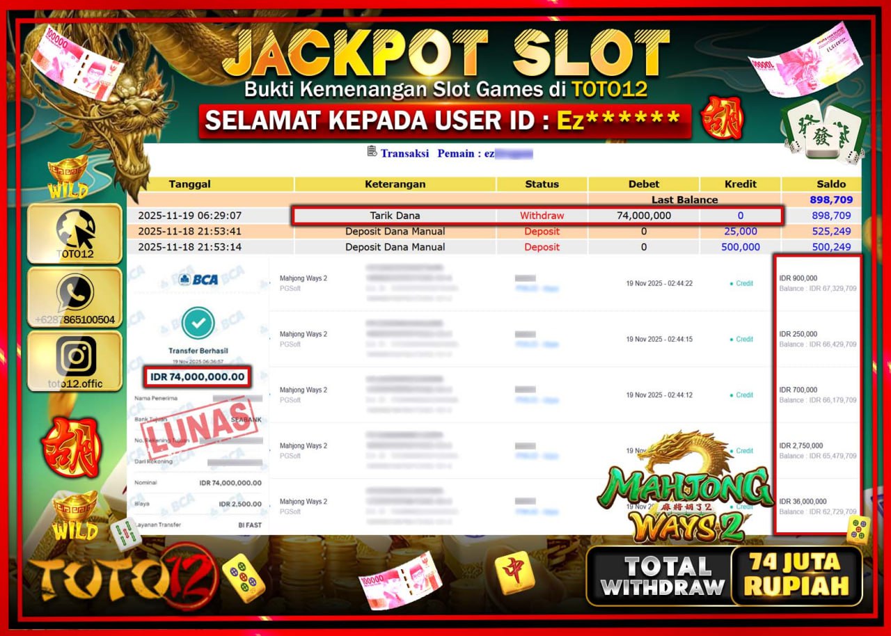 HANYA DI TOTO12 JP PASTI DI BAYAR LUNAS DAN CEPAT!!!!!! JACKPOT SLOT GAME (MAHJONG WAYS 2) Rp.74.000.000 !!!!