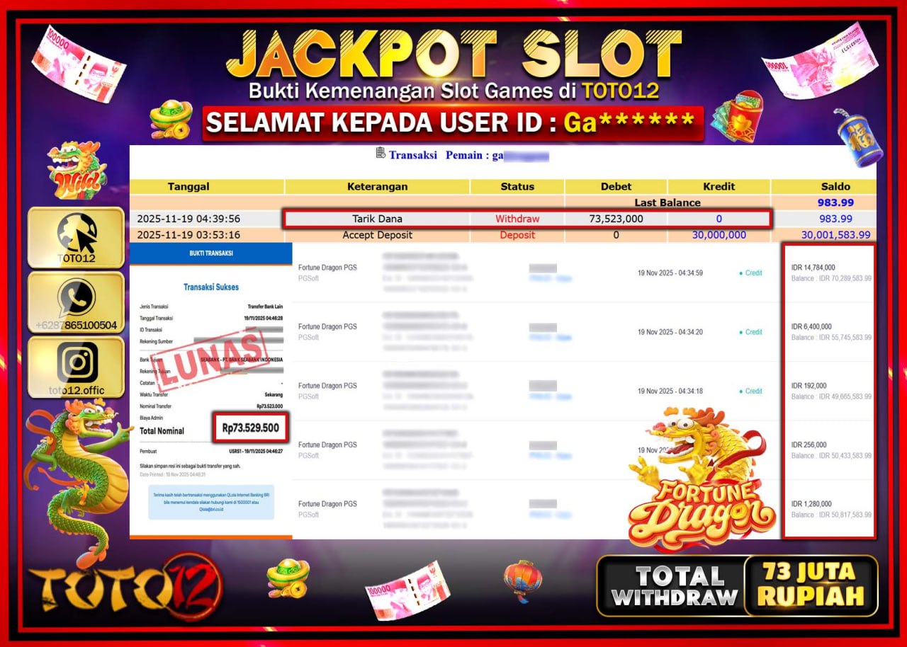 HANYA DI TOTO12 JP PASTI DI BAYAR LUNAS DAN CEPAT!!!!!! JACKPOT SLOT GAME (FORTUNE DRAGON) Rp.73.523.000 !!!!