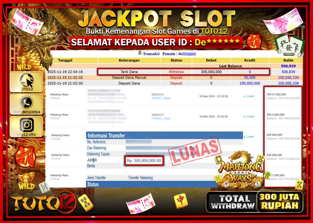 HANYA DI TOTO12 JP PASTI DI BAYAR LUNAS DAN CEPAT!!!!!! JACKPOT SLOT GAME (MAHJONG WAYS) Rp.300.000.000 !!!!