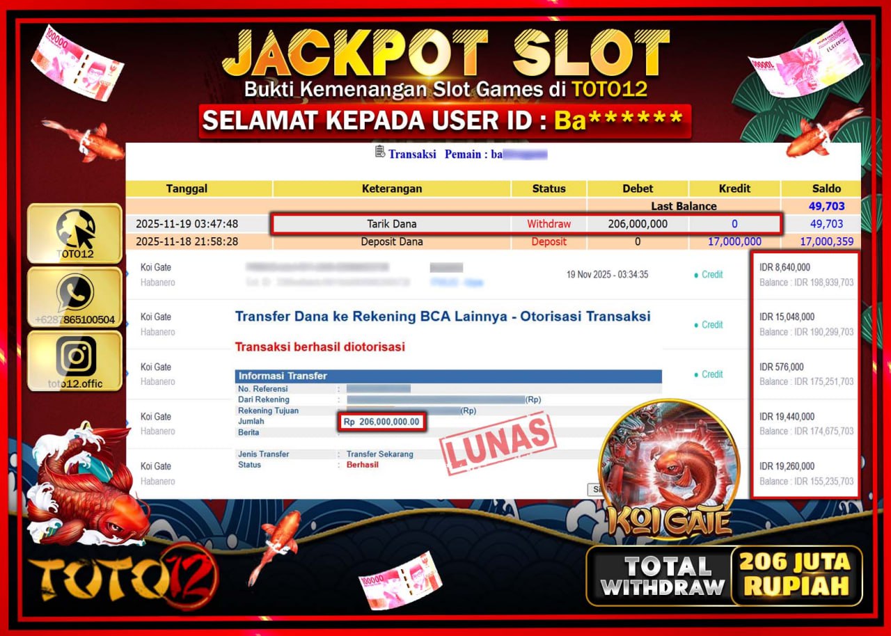 HANYA DI TOTO12 JP PASTI DI BAYAR LUNAS DAN CEPAT!!!!!! JACKPOT SLOT GAME (KOI GATE) Rp.206.000.000 !!!!