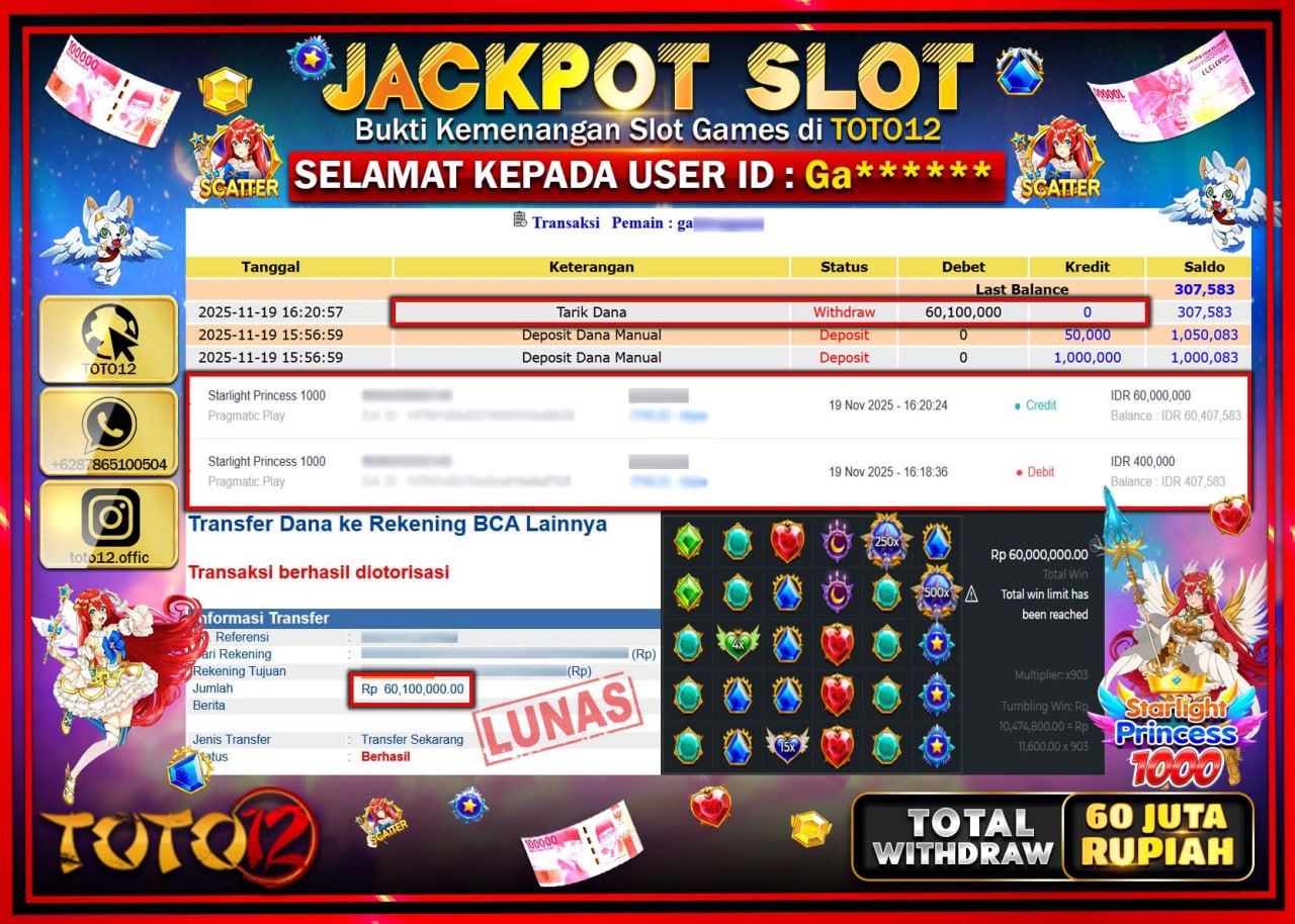 HANYA DI TOTO12 JP PASTI DI BAYAR LUNAS DAN CEPAT!!!!!! JACKPOT SLOT GAME (STARLIGHT PRINCESS 1000) Rp.60.100.000 !!!!