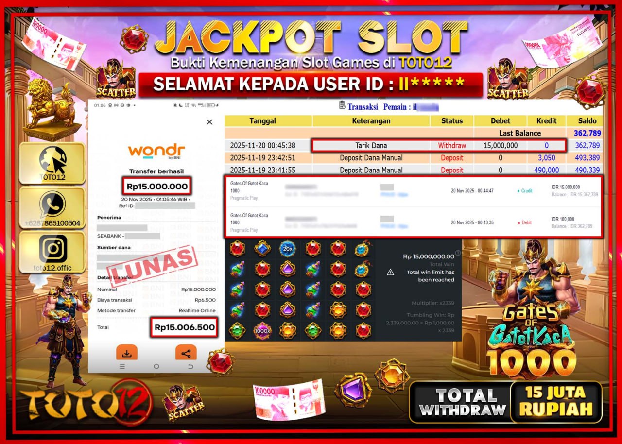 HANYA DI TOTO12 JP PASTI DI BAYAR LUNAS DAN CEPAT!!!!!! JACKPOT SLOT GAME (GATES OF GATOT KACA 1000) Rp.15.000.000 !!!!