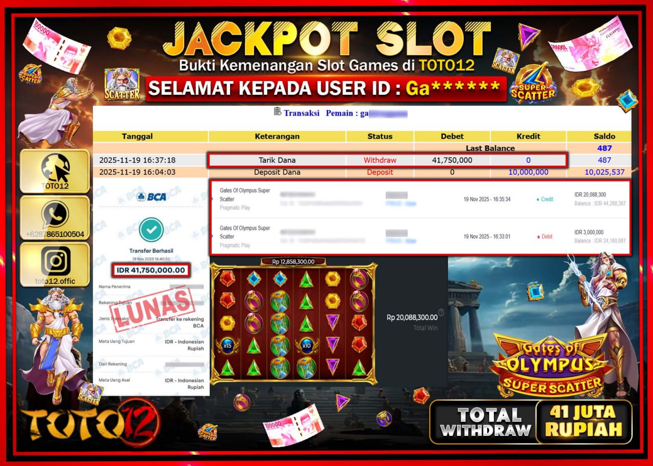 HANYA DI TOTO12 JP PASTI DI BAYAR LUNAS DAN CEPAT!!!!!! JACKPOT SLOT GAME (GATES OF OLYMPUS SUPER SCATTER) Rp.41.750.000 !!!!