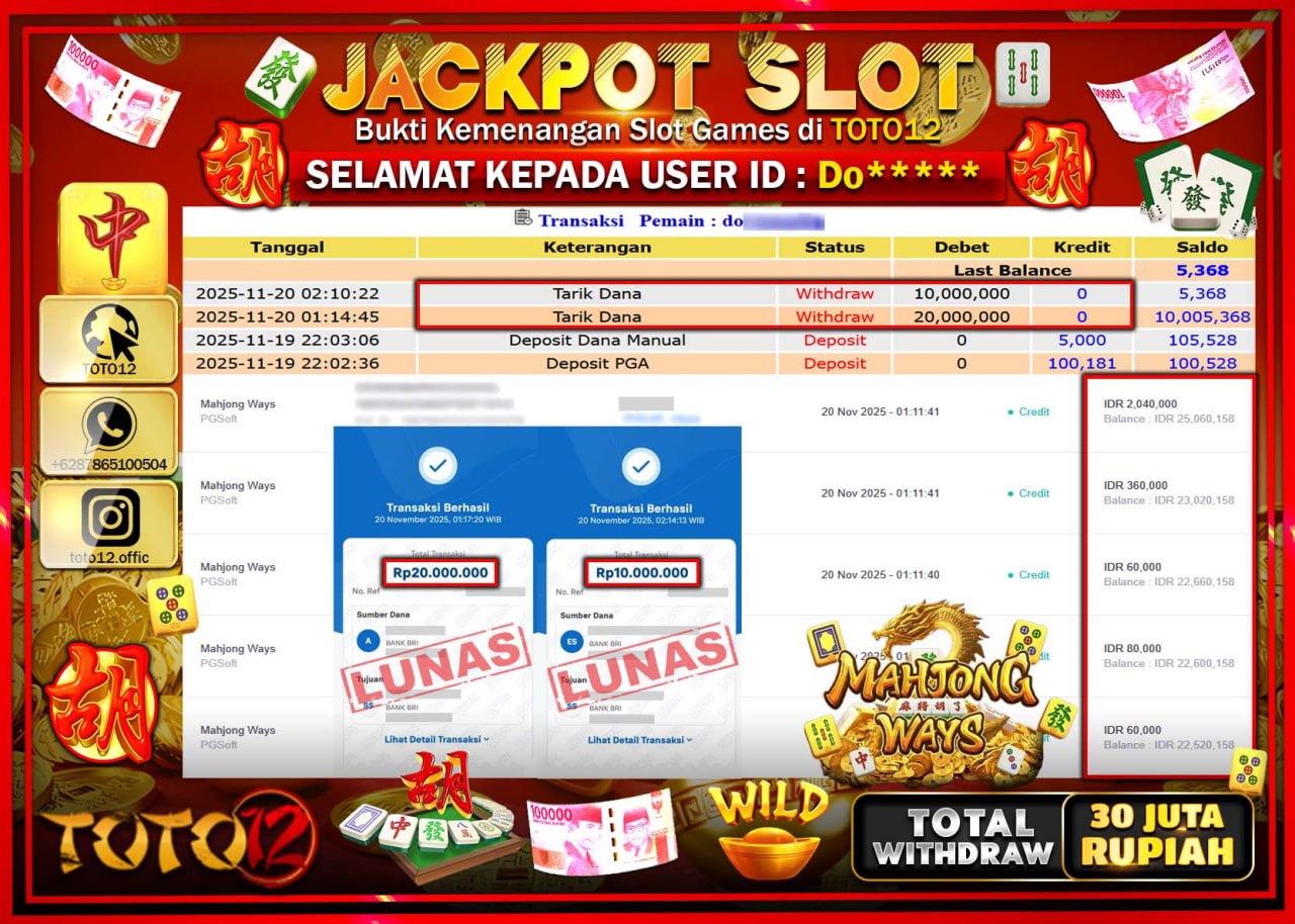 HANYA DI TOTO12 JP PASTI DI BAYAR LUNAS DAN CEPAT!!!!!! JACKPOT SLOT GAME (MAHJONG WAYS) Rp.30.000.000 !!!!