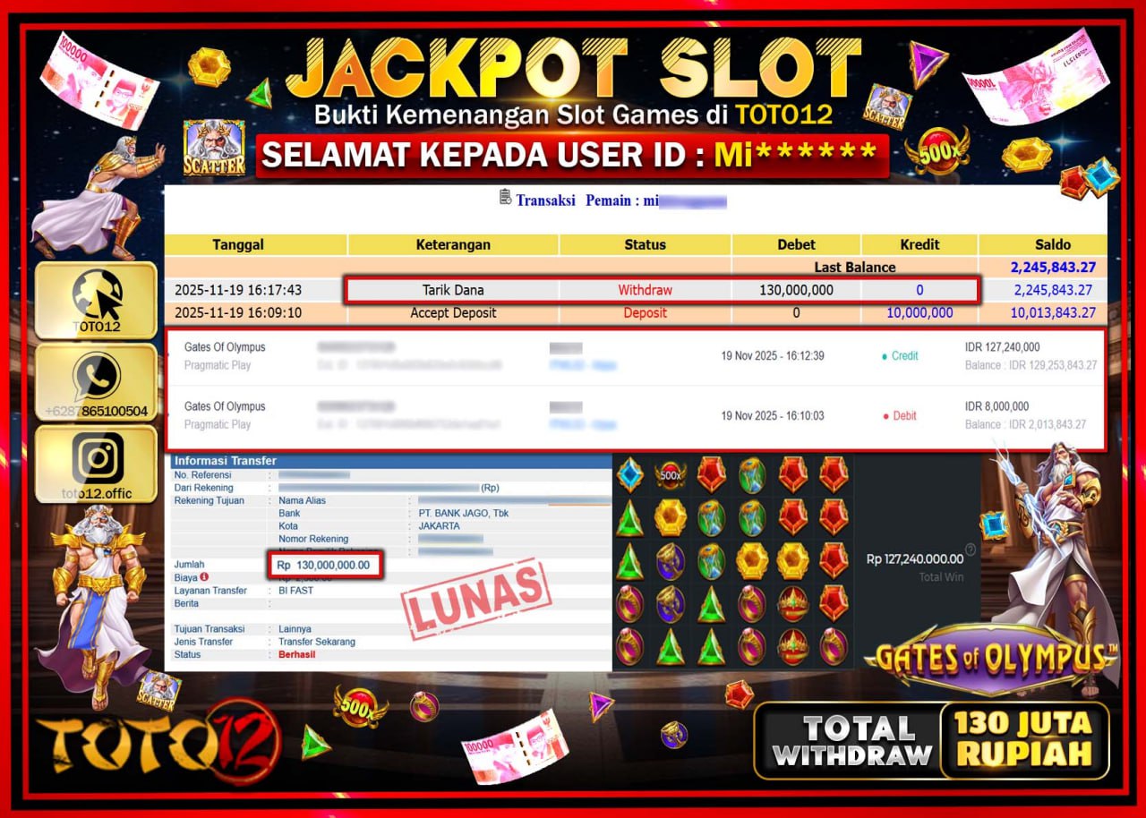 HANYA DI TOTO12 JP PASTI DI BAYAR LUNAS DAN CEPAT!!!!!! JACKPOT SLOT GAME (GATES OF OLYMPUS) Rp.130.000.000 !!!!
