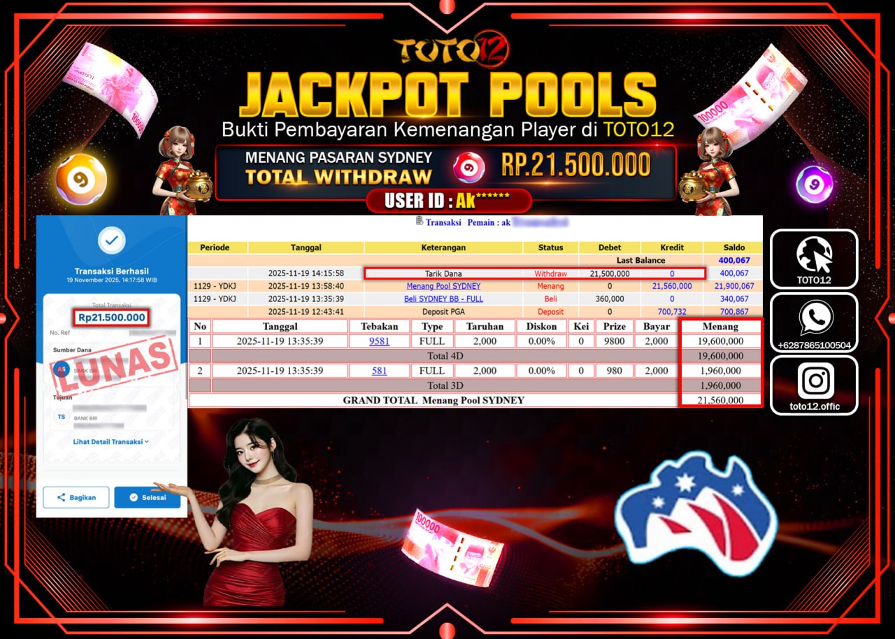 HANYA DI TOTO12 JP PASTI DI BAYAR LUNAS DAN CEPAT!!!!!! JACKPOT POOLS PASARAN (SYDNEY) Rp.21.500.000 !!!!