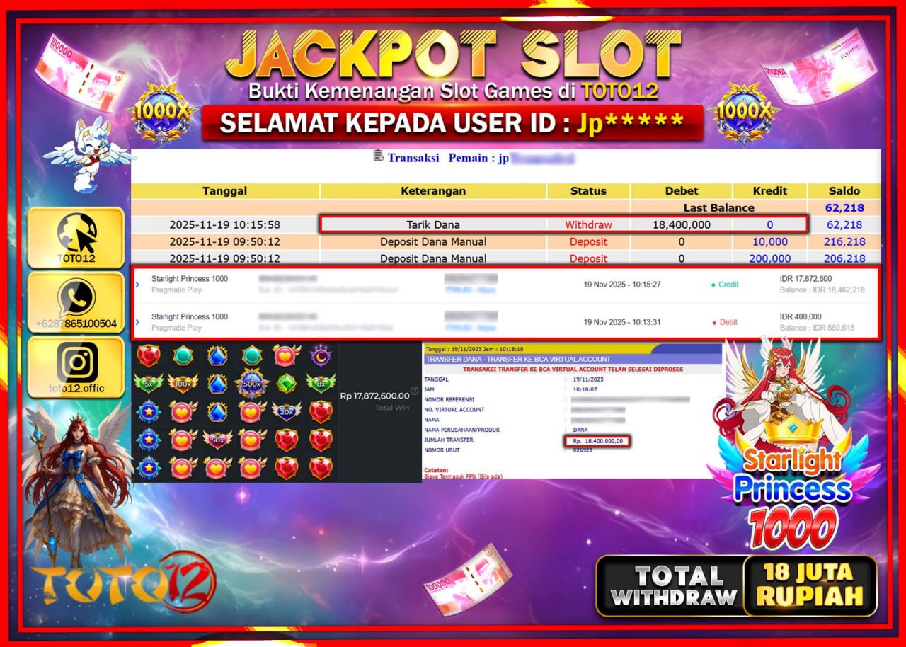 HANYA DI TOTO12 JP PASTI DI BAYAR LUNAS DAN CEPAT!!!!!! JACKPOT SLOT GAME (STARLIGHT PRINCESS 1000) Rp.18.400.000 !!!!