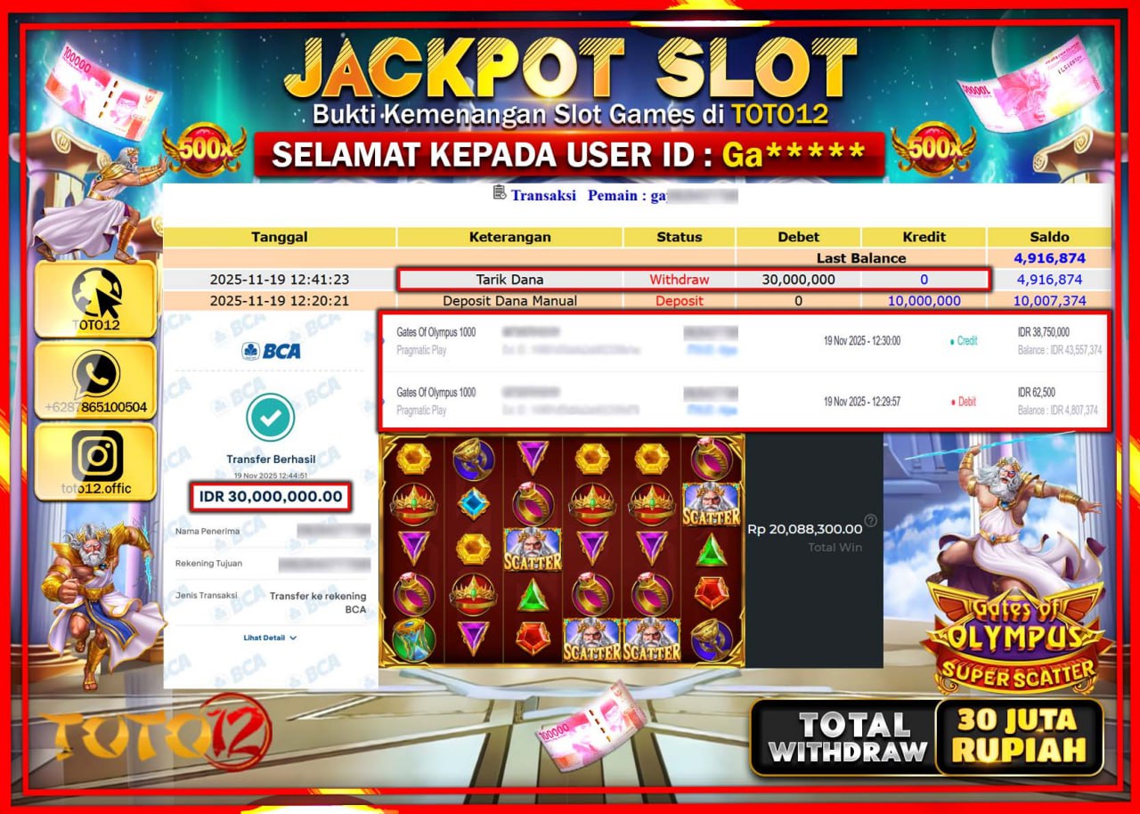 HANYA DI TOTO12 JP PASTI DI BAYAR LUNAS DAN CEPAT!!!!!! JACKPOT SLOT GAME (GATES OF OLYMPUS SUPER SCATTER) Rp.30.000.000 !!!!