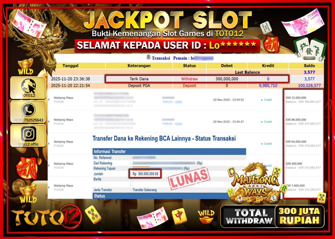 HANYA DI TOTO12 JP PASTI DI BAYAR LUNAS DAN CEPAT!!!!!! JACKPOT SLOT GAME (MAHJONG WAYS) Rp.300.000.000 !!!!