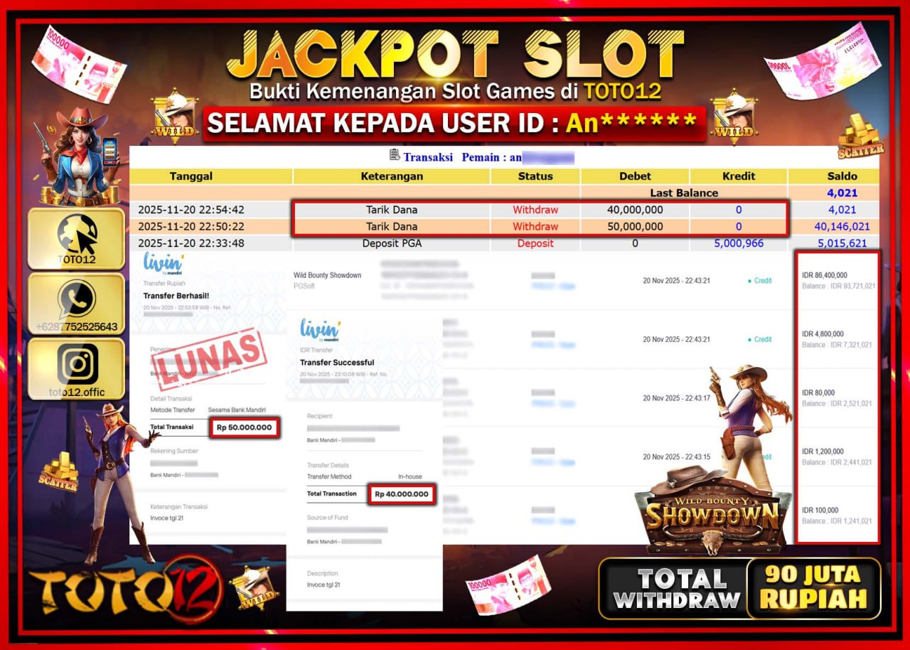 HANYA DI TOTO12 JP PASTI DI BAYAR LUNAS DAN CEPAT!!!!!! JACKPOT SLOT GAME (WILD BOUNTY SHOWDOWN) Rp.90.000.000 !!!!