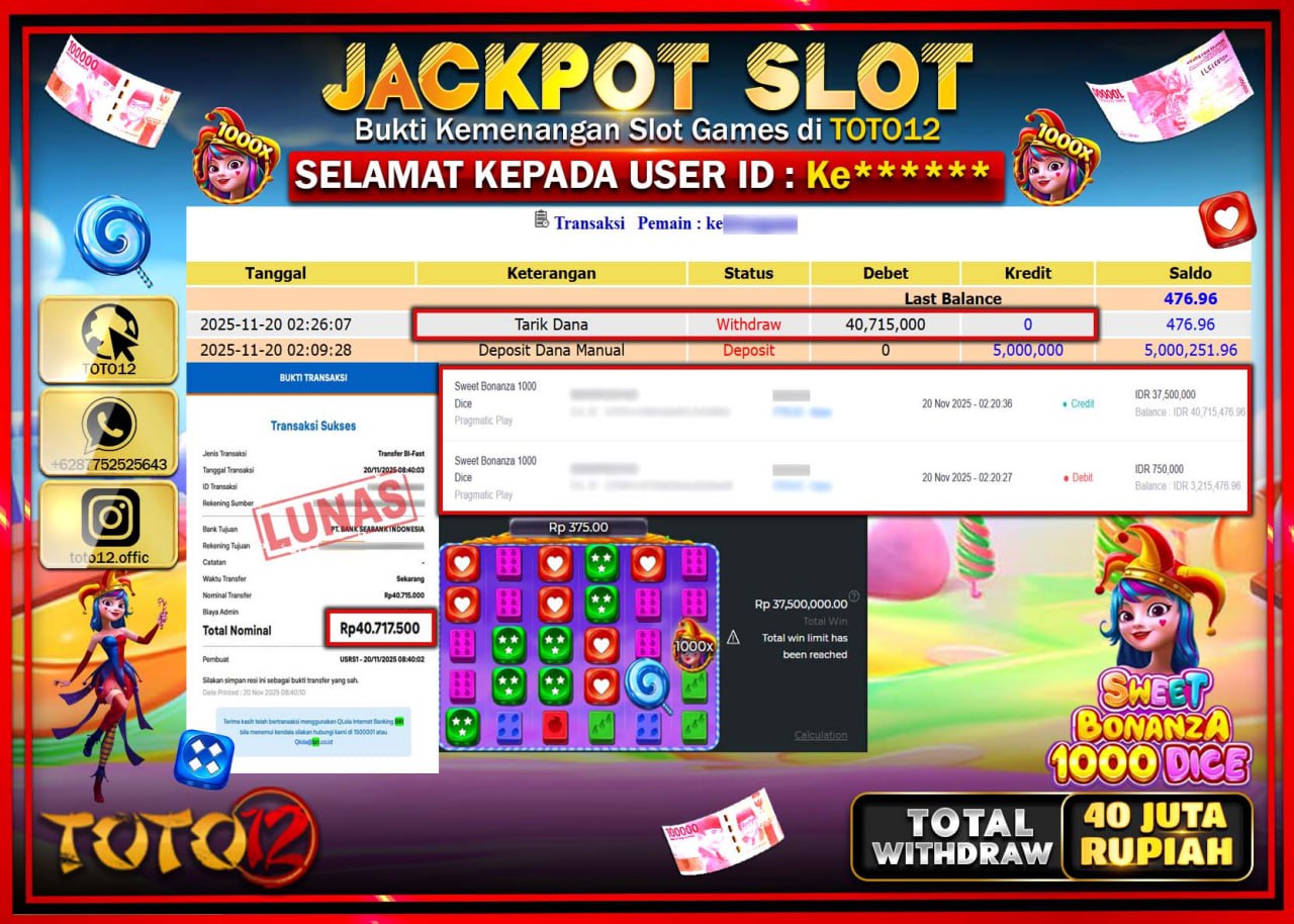 HANYA DI TOTO12 JP PASTI DI BAYAR LUNAS DAN CEPAT!!!!!! JACKPOT SLOT GAME (SWEET BONANZA 1000 DICE) Rp.40.715.000 !!!!