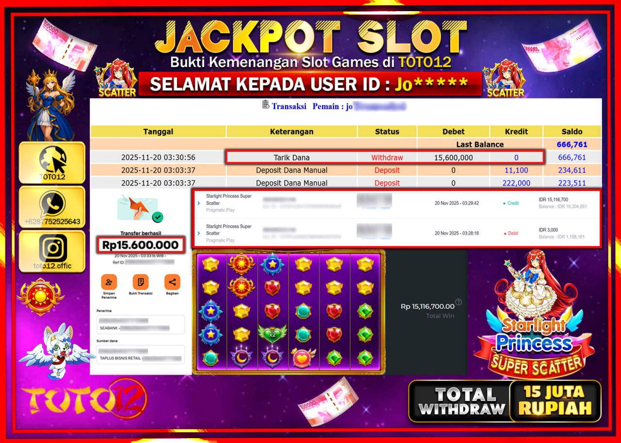 HANYA DI TOTO12 JP PASTI DI BAYAR LUNAS DAN CEPAT!!!!!! JACKPOT SLOT GAME (STARLIGHT PRINCESS SUPER SCATTER) Rp.15.600.000 !!!!