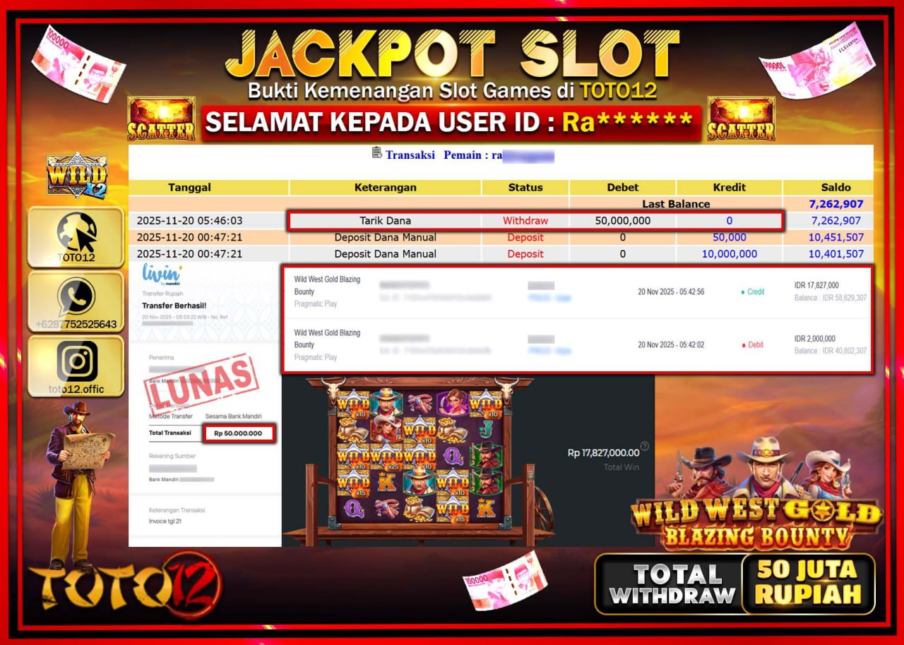 HANYA DI TOTO12 JP PASTI DI BAYAR LUNAS DAN CEPAT!!!!!! JACKPOT SLOT GAME (WILD WEST GOLD BLAZING BOUNTY) Rp.50.000.000 !!!!