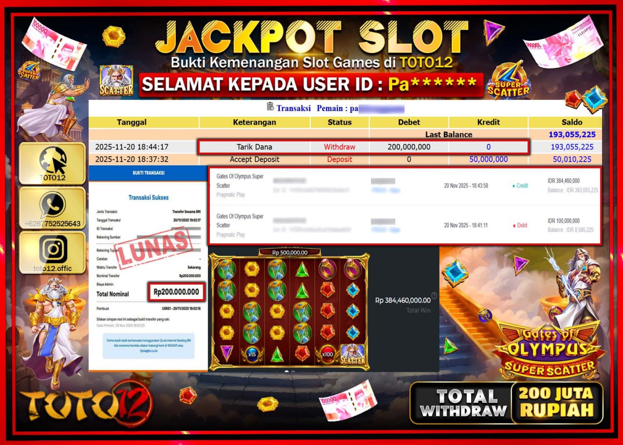 HANYA DI TOTO12 JP PASTI DI BAYAR LUNAS DAN CEPAT!!!!!! JACKPOT SLOT GAME (GATES OF OLYMPUS SUPER SCATTER) Rp.200.000.000 !!!!