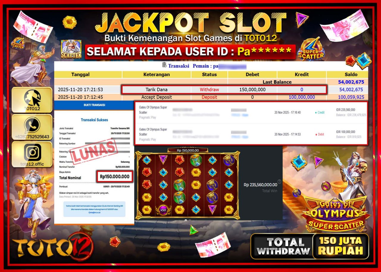 HANYA DI TOTO12 JP PASTI DI BAYAR LUNAS DAN CEPAT!!!!!! JACKPOT SLOT GAME (GATES OF OLYMPUS SUPER SCATTER) Rp.150.000.000 !!!!