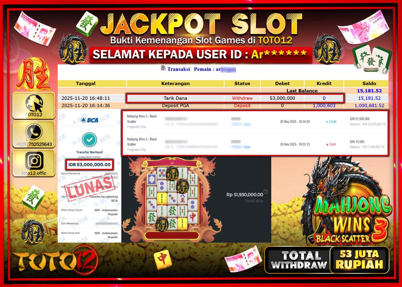 HANYA DI TOTO12 JP PASTI DI BAYAR LUNAS DAN CEPAT!!!!!! JACKPOT SLOT GAME (MAHJONG WINS 3 BLACK SCATTER) Rp.53.000.000 !!!!