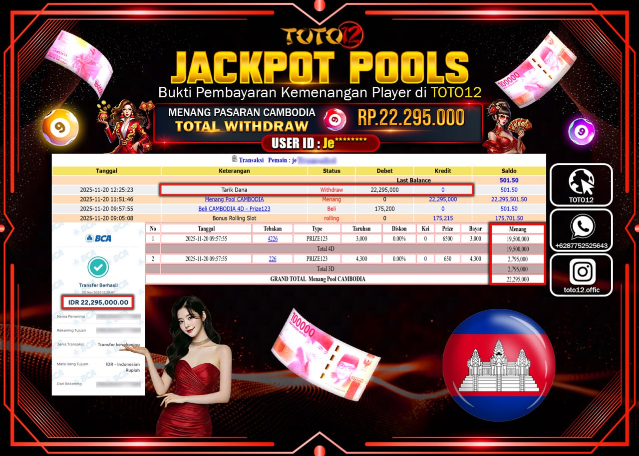 HANYA DI TOTO12 JP PASTI DI BAYAR LUNAS DAN CEPAT!!!!!! JACKPOT POOLS PASARAN (CAMBODIA) Rp.22.295.000 !!!!