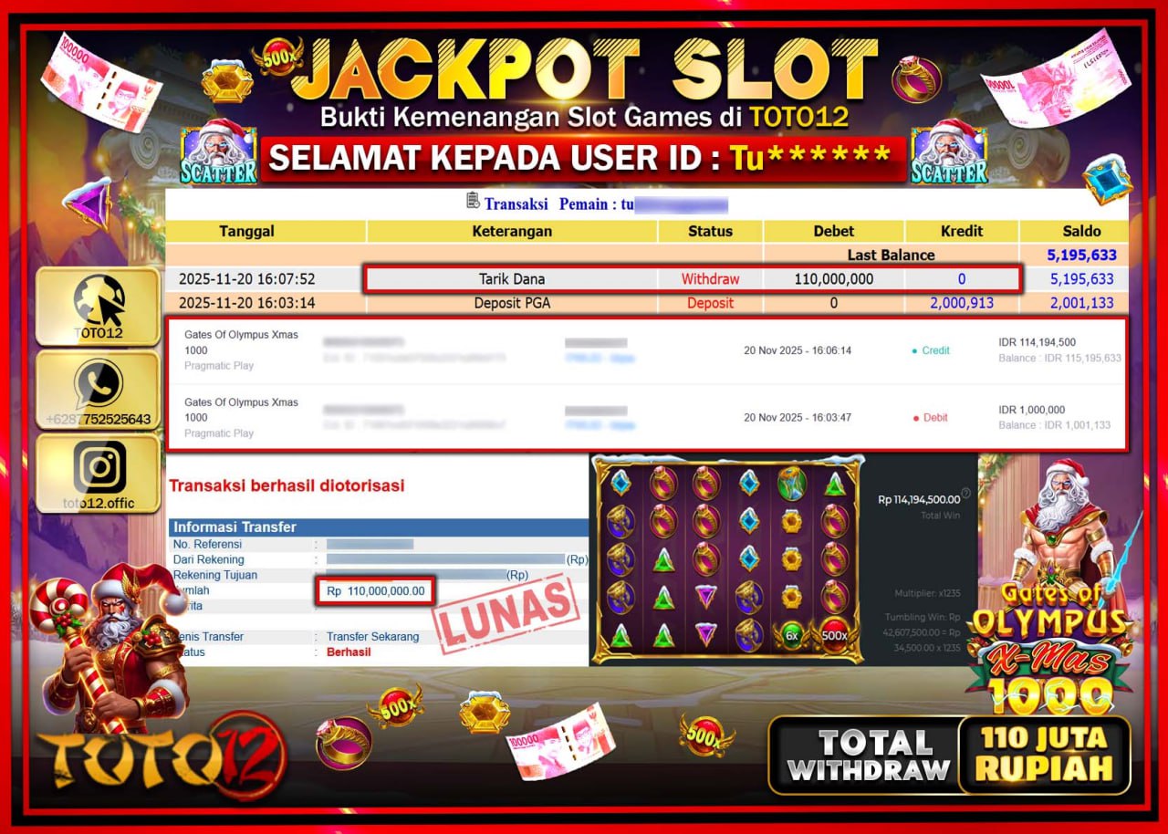 HANYA DI TOTO12 JP PASTI DI BAYAR LUNAS DAN CEPAT!!!!!! JACKPOT SLOT GAME (GATES OF OLYMPUS XMAS 1000) Rp.110.000.000 !!!!