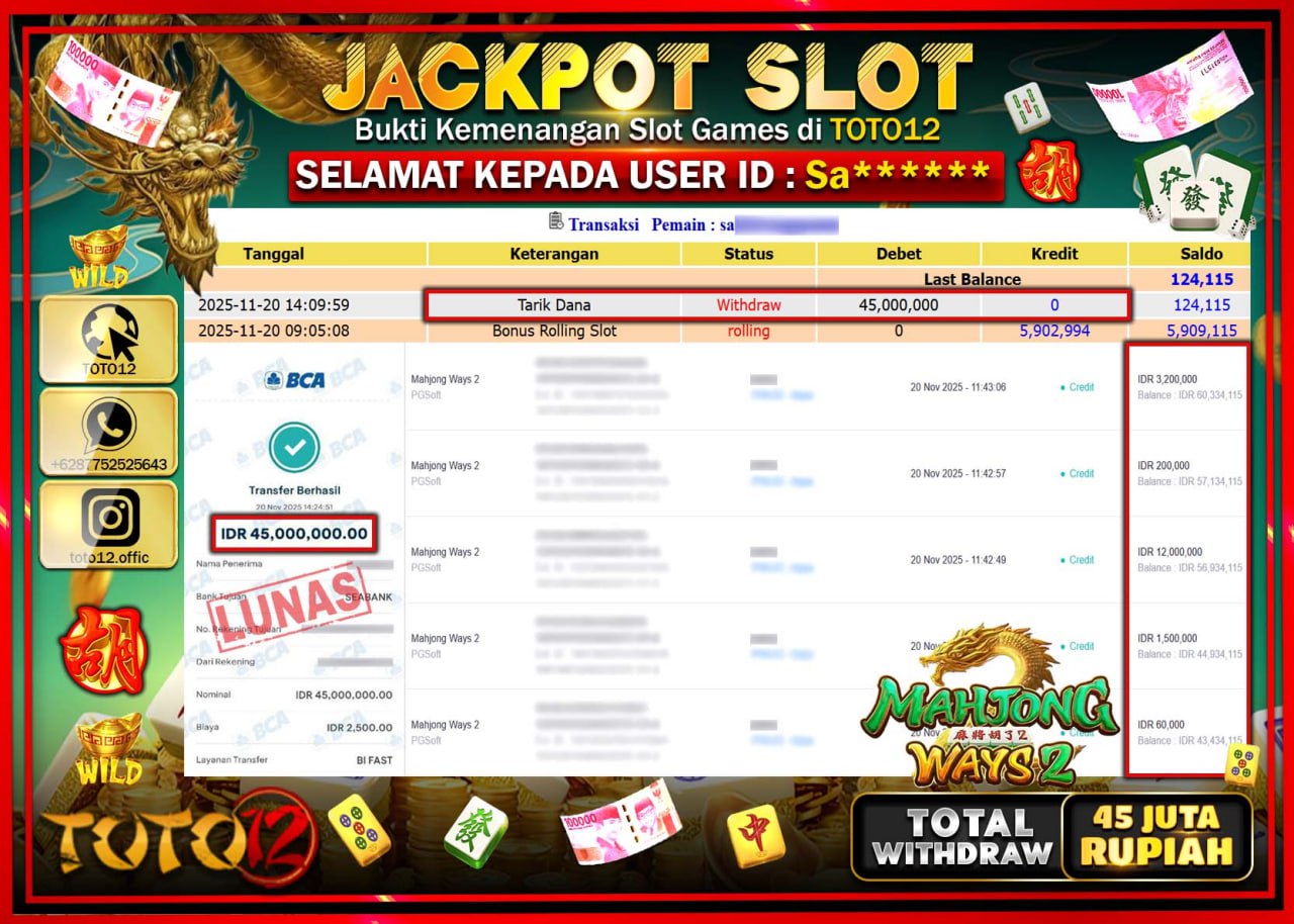 HANYA DI TOTO12 JP PASTI DI BAYAR LUNAS DAN CEPAT!!!!!! JACKPOT SLOT GAME (MAHJONG WAYS 2) Rp.45.000.000 !!!!