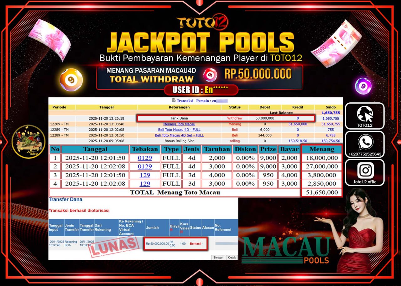 HANYA DI TOTO12 JP PASTI DI BAYAR LUNAS DAN CEPAT!!!!!! JACKPOT POOLS PASARAN (MACAU 4D) Rp.50.000.000 !!!!