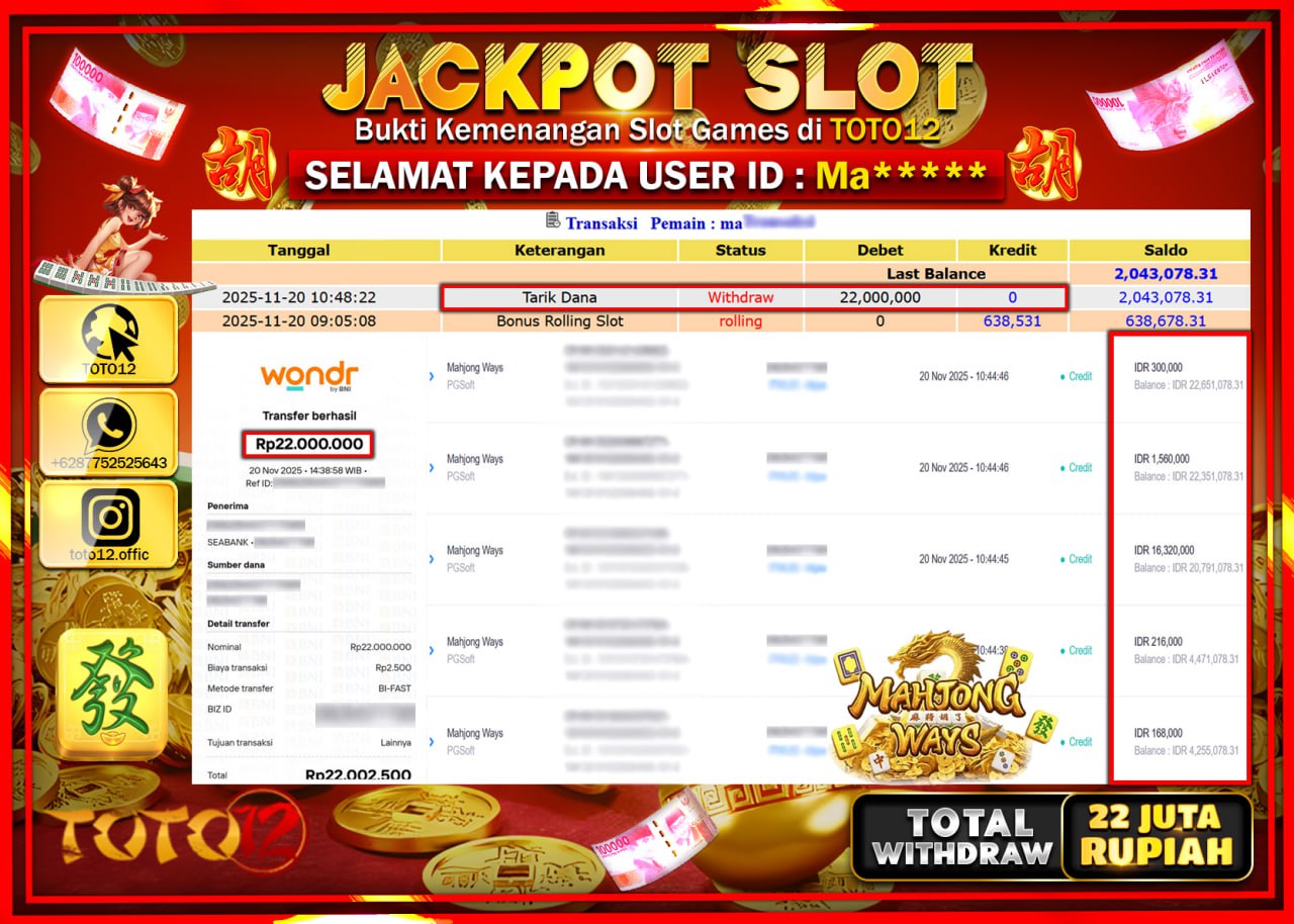 HANYA DI TOTO12 JP PASTI DI BAYAR LUNAS DAN CEPAT!!!!!! JACKPOT SLOT GAME (MAHJONG WAYS) Rp.22.000.000 !!!!
