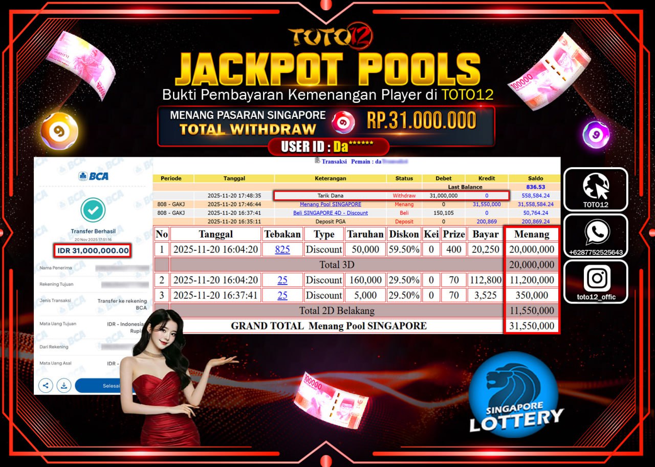 HANYA DI TOTO12 JP PASTI DI BAYAR LUNAS DAN CEPAT!!!!!! JACKPOT POOLS PASARAN (SINGAPORE) Rp.31.000.000 !!!!