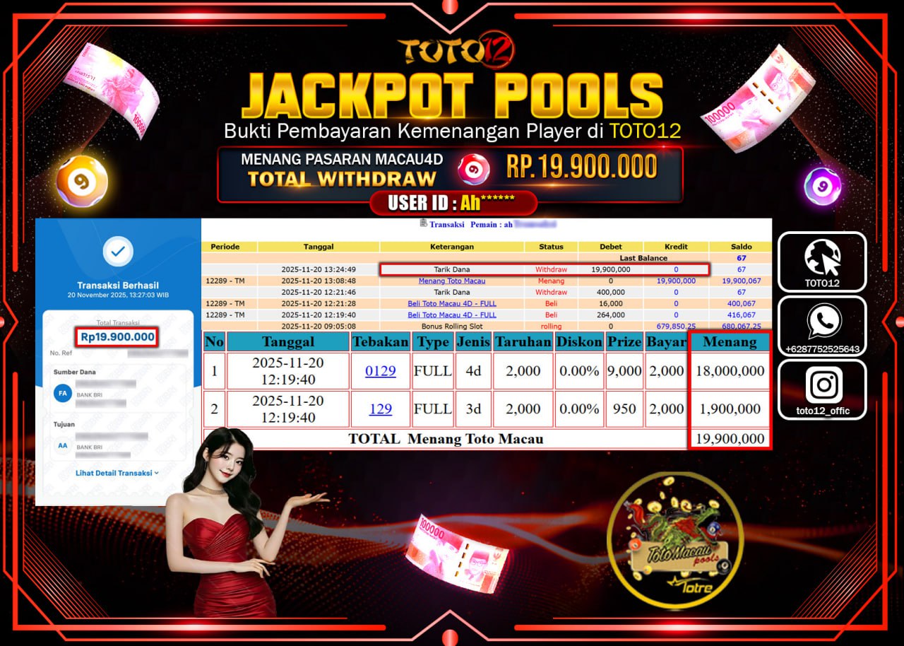 HANYA DI TOTO12 JP PASTI DI BAYAR LUNAS DAN CEPAT!!!!!! JACKPOT POOLS PASARAN (MACAU 4D) Rp.19.900.000 !!!!