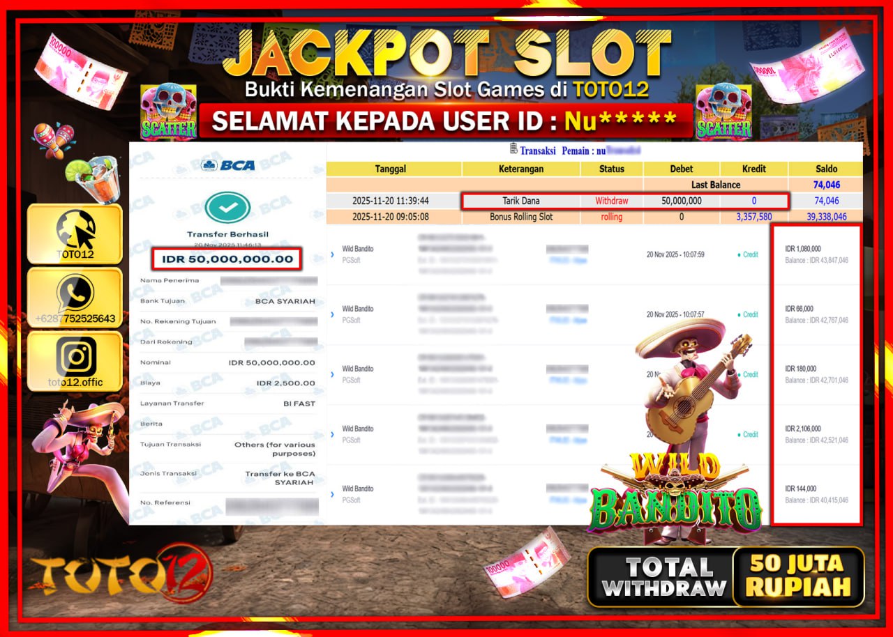 HANYA DI TOTO12 JP PASTI DI BAYAR LUNAS DAN CEPAT!!!!!! JACKPOT SLOT GAME (WILD BANDITO) Rp.50.000.000 !!!!