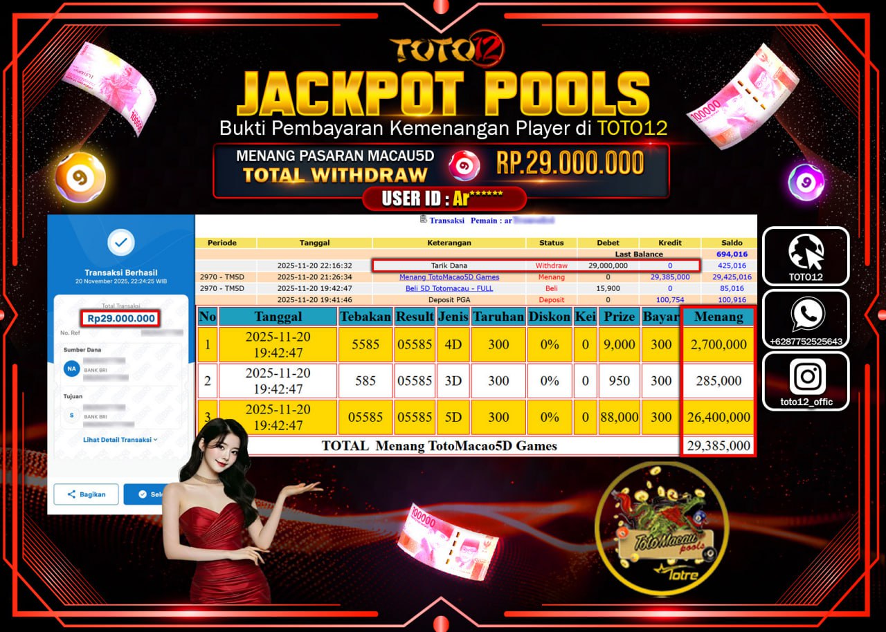 HANYA DI TOTO12 JP PASTI DI BAYAR LUNAS DAN CEPAT!!!!!! JACKPOT POOLS PASARAN (MACAU 5D) Rp.29.000.000 !!!!