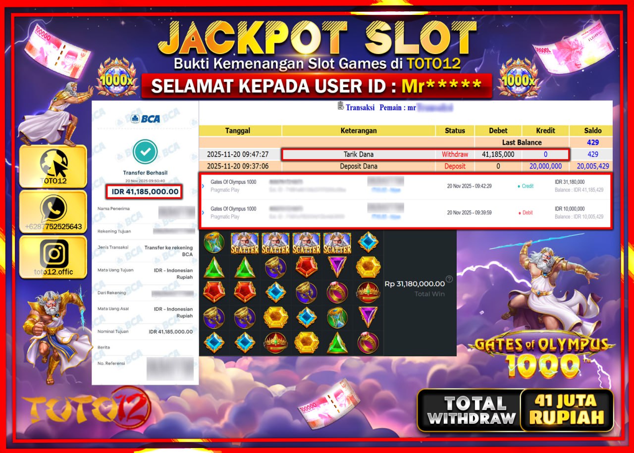 HANYA DI TOTO12 JP PASTI DI BAYAR LUNAS DAN CEPAT!!!!!! JACKPOT SLOT GAME (GATES OF OLYMPUS 1000) Rp.41.185.000 !!!!