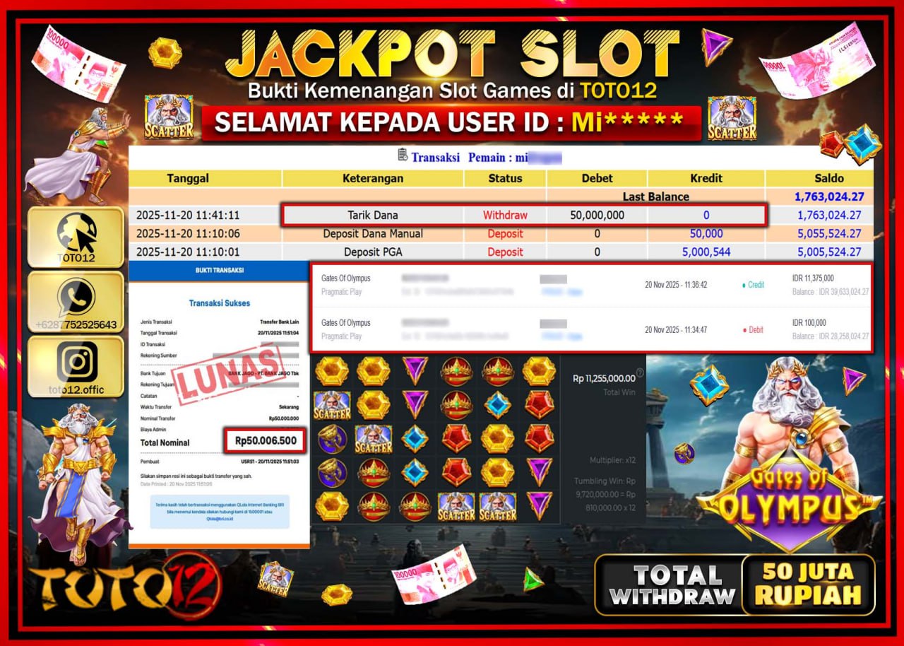 HANYA DI TOTO12 JP PASTI DI BAYAR LUNAS DAN CEPAT!!!!!! JACKPOT SLOT GAME (GATES OF OLYMPUS) Rp.50.000.000 !!!!