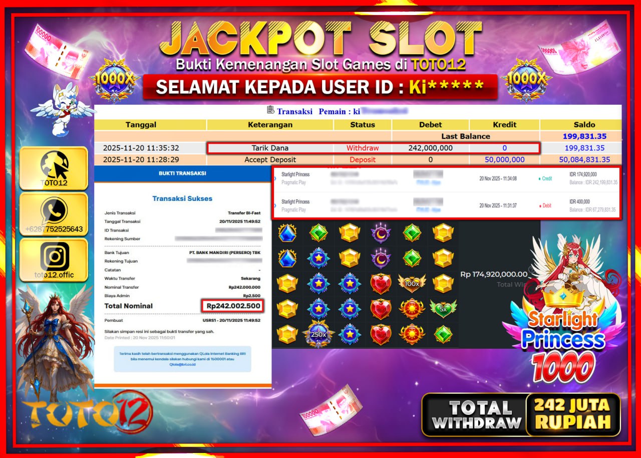 HANYA DI TOTO12 JP PASTI DI BAYAR LUNAS DAN CEPAT!!!!!! JACKPOT SLOT GAME (STARLIGHT PRINCESS 1000) Rp.242.000.000 !!!!