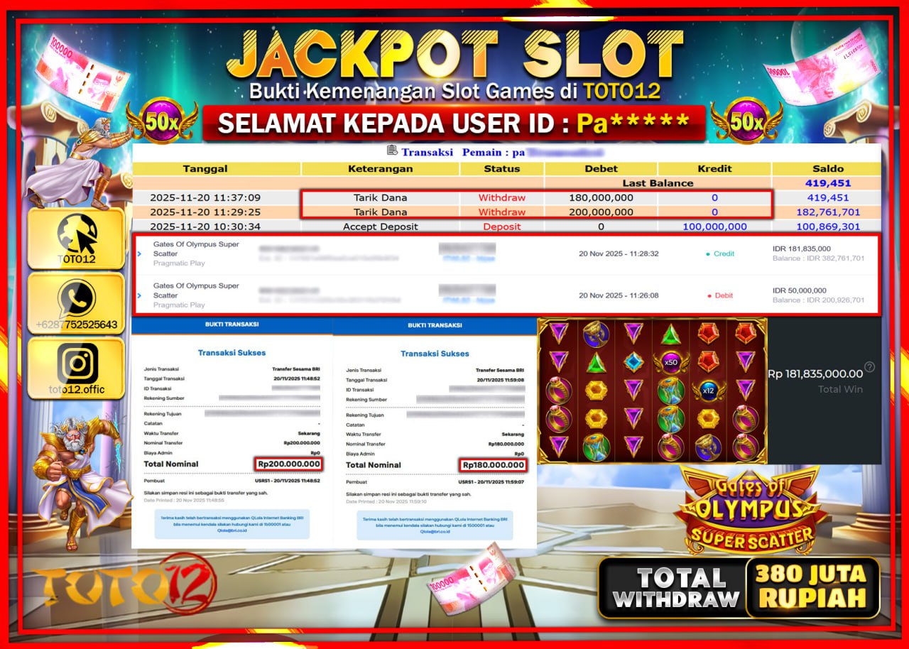 HANYA DI TOTO12 JP PASTI DI BAYAR LUNAS DAN CEPAT!!!!!! JACKPOT SLOT GAME (GATES OF OLYMPUS SUPER SCATTER) Rp.380.000.000 !!!!