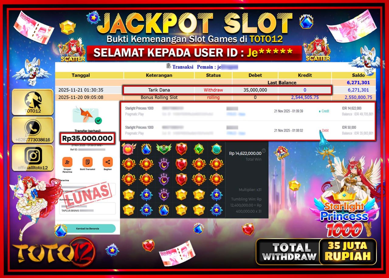HANYA DI TOTO12 JP PASTI DI BAYAR LUNAS DAN CEPAT!!!!!! JACKPOT SLOT GAME (STARLIGHT PRINCESS 1000) Rp.35.000.000 !!!!