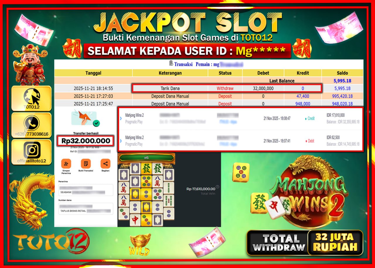 HANYA DI TOTO12 JP PASTI DI BAYAR LUNAS DAN CEPAT!!!!!! JACKPOT SLOT GAME (MAHJONG WINS 2) Rp.32.000.000 !!!!
