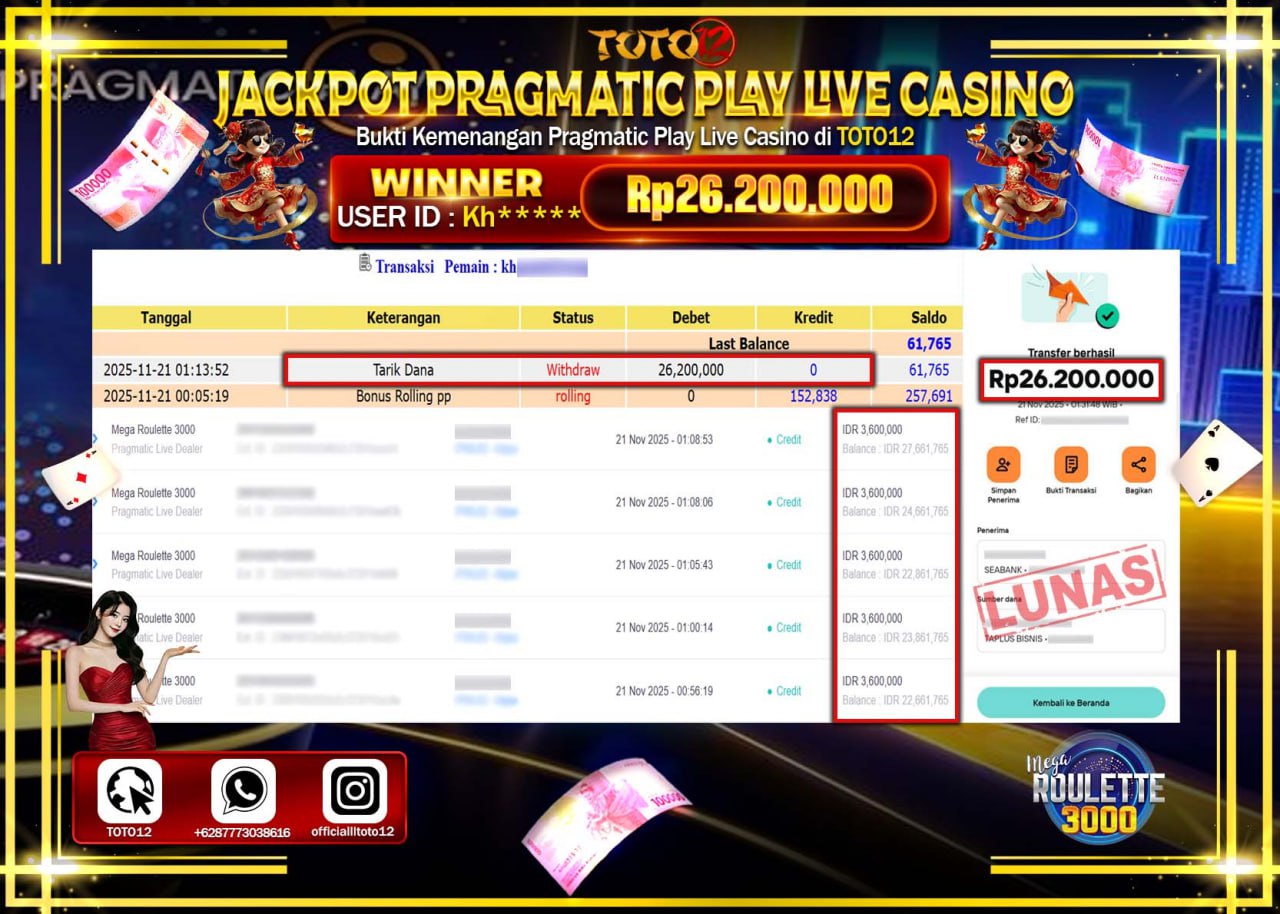 HANYA DI TOTO12 JP PASTI DI BAYAR LUNAS DAN CEPAT!!!!!! JACKPOT PRAGMATIC PLAY LIVE CASINO (ROULETTE 3000) Rp.26.200.000 !!!!