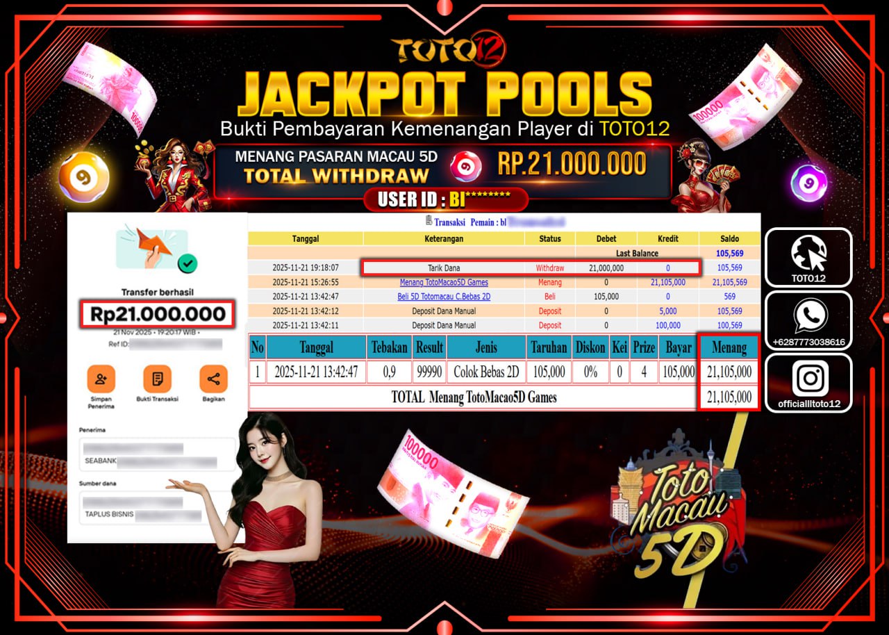 HANYA DI TOTO12 JP PASTI DI BAYAR LUNAS DAN CEPAT!!!!!! JACKPOT POOLS PASARAN (MACAU 5D) Rp.21.000.000 !!!!