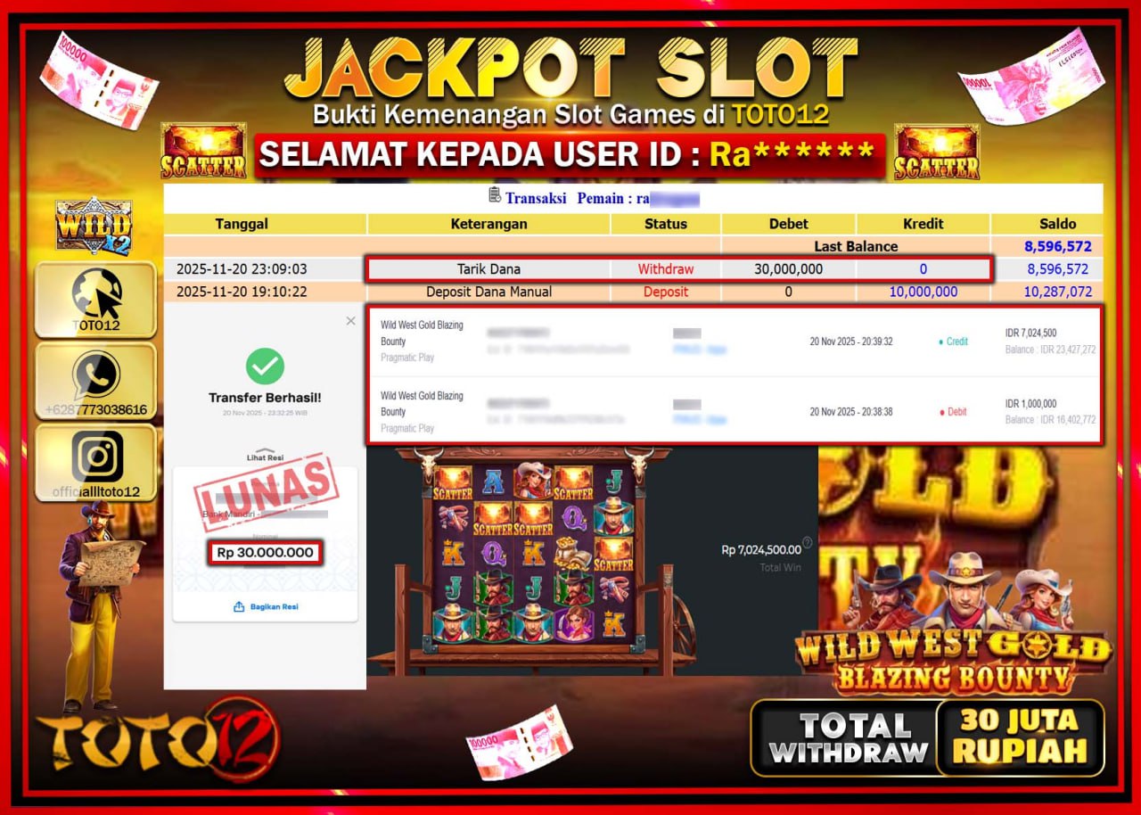 HANYA DI TOTO12 JP PASTI DI BAYAR LUNAS DAN CEPAT!!!!!! JACKPOT SLOT GAME (WILD WEST GOLD BLAZING BOUNTY) Rp.30.000.000 !!!!