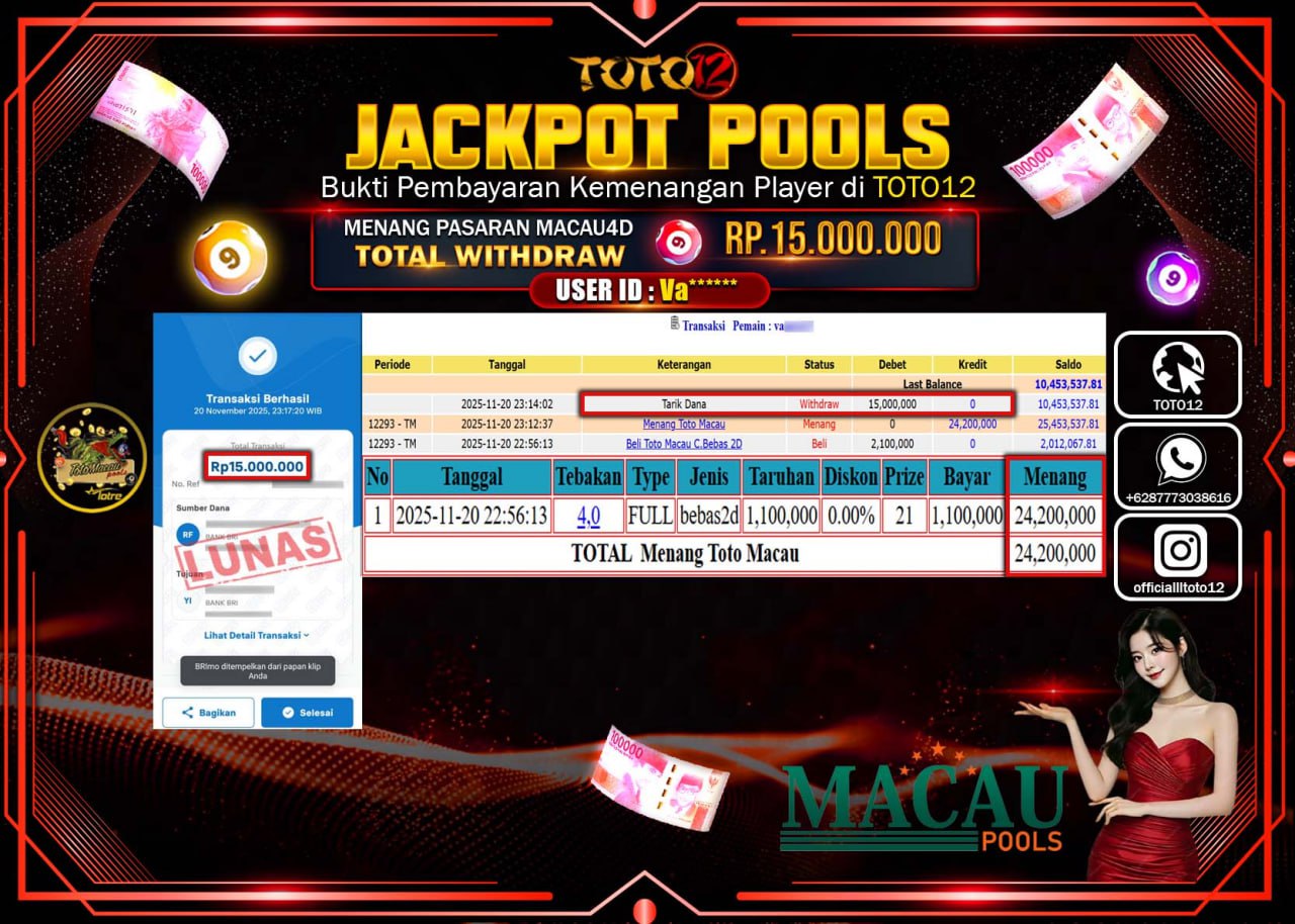HANYA DI TOTO12 JP PASTI DI BAYAR LUNAS DAN CEPAT!!!!!! JACKPOT POOLS PASARAN (MACAU 4D) Rp.15.000.000 !!!!