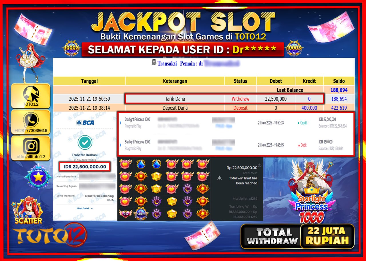 HANYA DI TOTO12 JP PASTI DI BAYAR LUNAS DAN CEPAT!!!!!! JACKPOT SLOT GAME (STARLIGHT PRINCESS 1000) Rp.22.500.000 !!!!